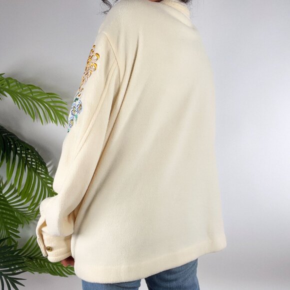 Vintage 80s Bob Mackie Cream Floral Embroidered Cottagecore Fleece Jacket / 2X - Picture 2 of 8